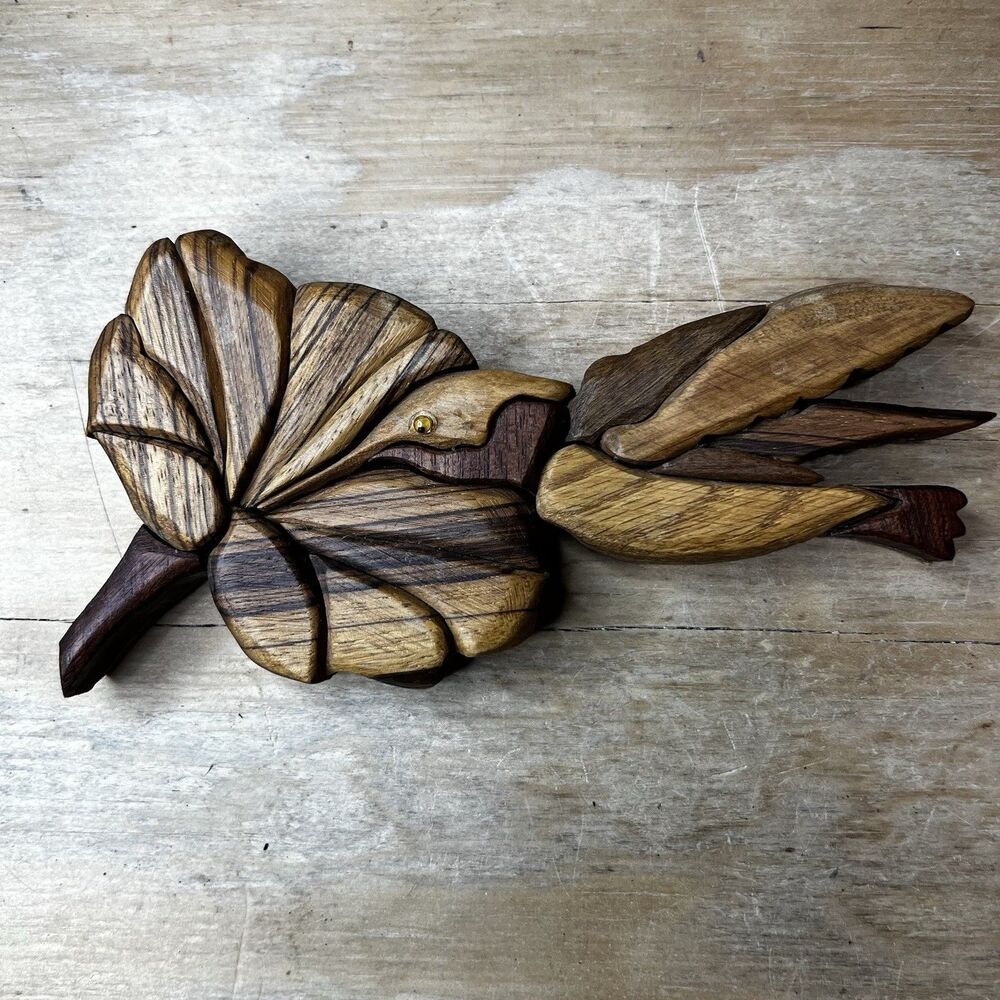 Jack Young Hand Crafted Wood Intarsia Hummingbird Wall Plaque Art Signed Vintage